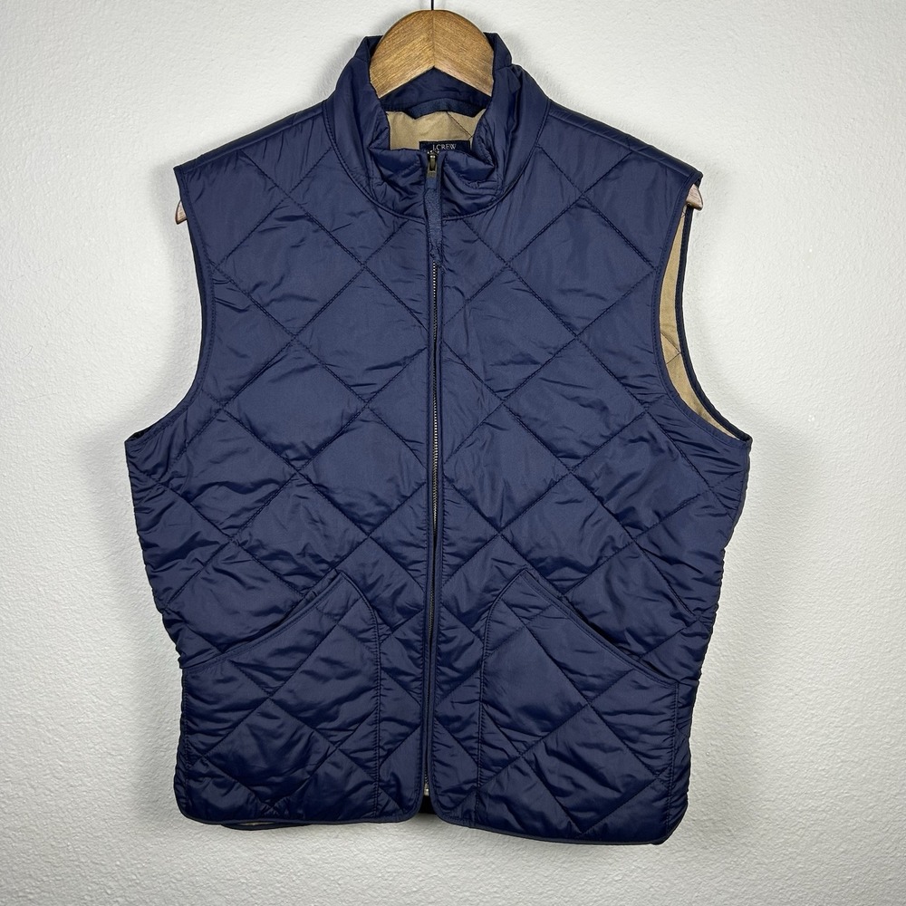 J Crew Vest Mens Medium Quilted Diamond Full Zip Lightweight Navy Blue Pockets